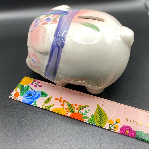 Vintage Ceramic Pig Piggy Bank Hand Painted Purple Pink Flowers And Bow - Picture 9 of 10
